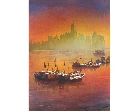 Skyline Panama City Panama watercolor painting, boat nautical artwork trendy wall art travel essentials architecture (print)