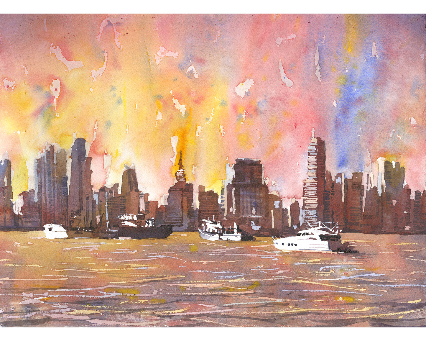 Watercolor painting Panama City skyline Central America harbor trendy wall art handmade home decor skyline nautical boat travel essential (original)