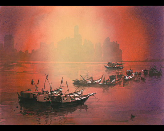 A moody watercolor Panama City Central America harbor trendy wall art (print), depicting fishing boats drifting on calm water at sunrise, with a glowing orange sky and the silhouette of the city skyline fading into the background.