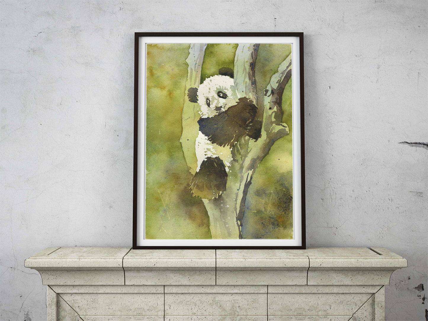 Fine art watercolor painting panda bear artwork green decor landscape. Original watercolor painting
