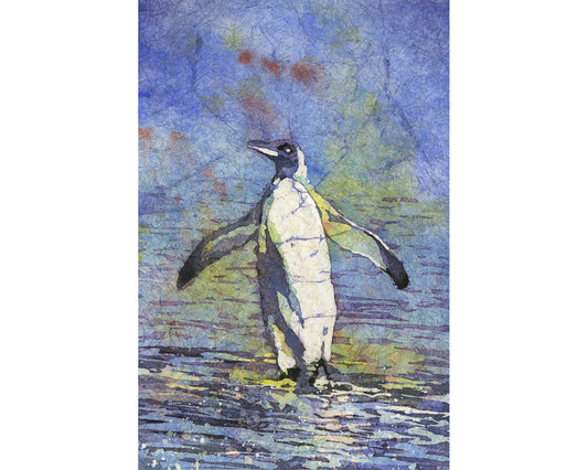 A joyful penguin stands with wings outstretched in shallow water under a dreamy blue sky, captured in a Penguin on Beach Watercolor Batik Painting | Original Artwork for Home Decor with delicate crackled textures and vibrant color washes.