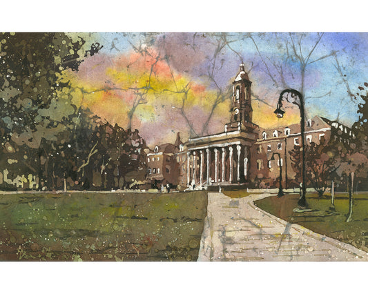 Colorful watercolor batik painting of Old Main at Penn State University, perfect for alumni gifts.
