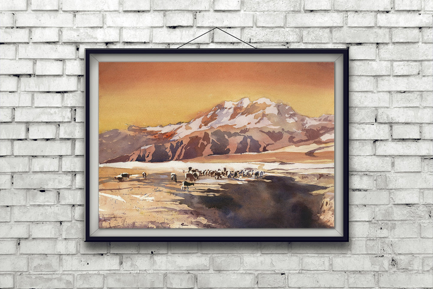 Watercolor landscape Sacred Valley llama grazing mountains South America Peru home decor travel essentials trendy wall art (original)