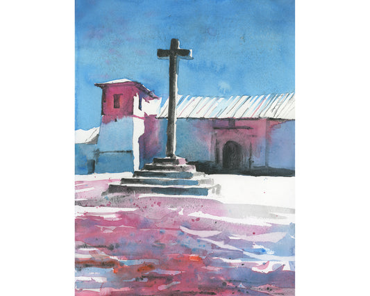 Pintura colorida iglesia española en el Valle Sagrado cerca de Perú- Decoración del hogar de América del Sur artículos esenciales de viaje paisaje de acuarela (impresión)
