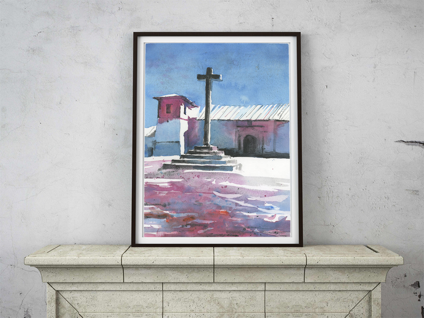 Colorful painting Spanish church in the Sacred Valley near Peru- South America home decor travel essentials watercolor landscape (print)