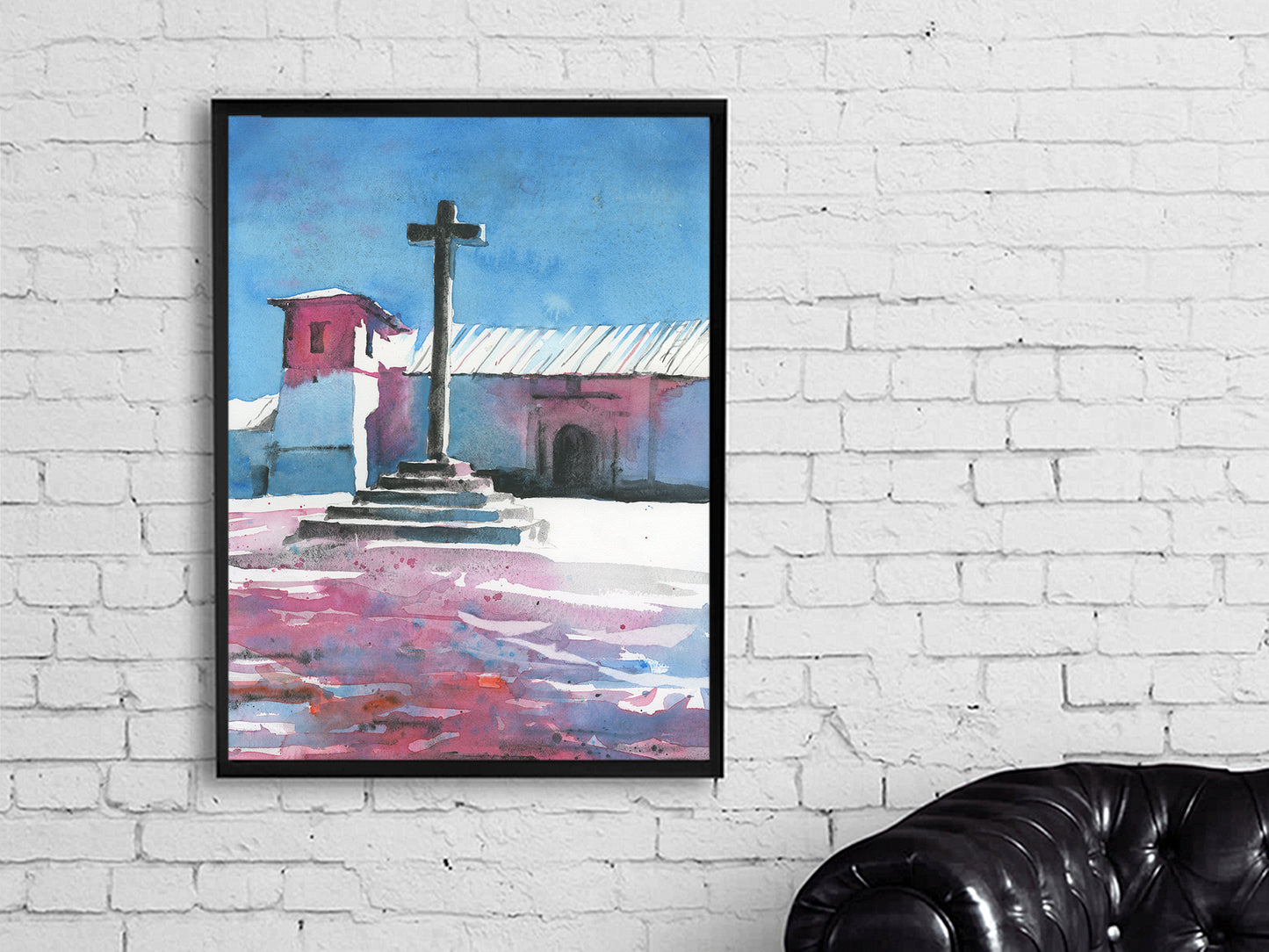 Colorful painting Spanish church in the Sacred Valley near Peru- South America home decor travel essentials watercolor landscape (print)