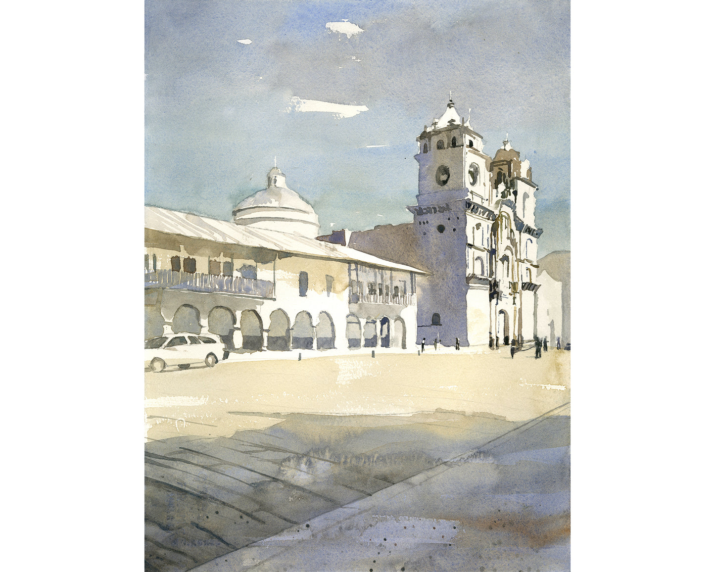 Cusco Peru Plaza de Armas Spanish Cathedral watercolor cityscape painting