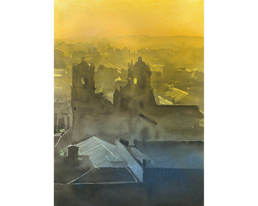 Spanish Cathedral Puno Peru Lake Titicaca colorful watercolor landscape sunset  travel essentials (print)