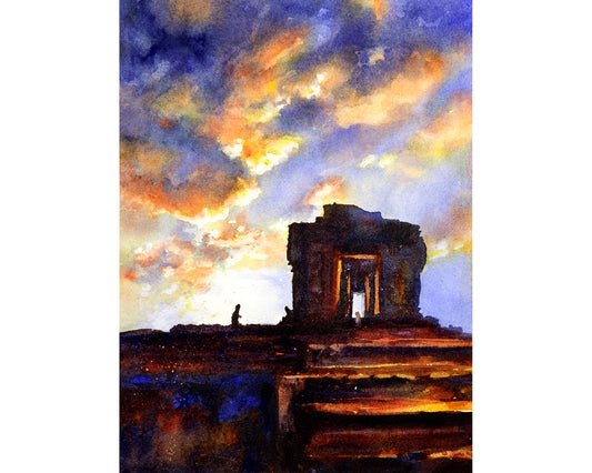 Expressive watercolor painting capturing the peaceful beauty of Angkor Wat ruins against a glowing sunset sky—perfect for art for home/office or thoughtful gift for him or her.
