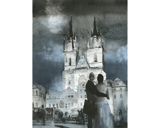 Watercolor painting Prague church Czech Republic trendy wall art,  European decor church architecture giclee (print)
