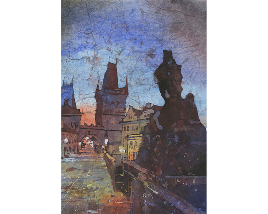 Colorful watercolor painting Charles Bridge Prague artwork