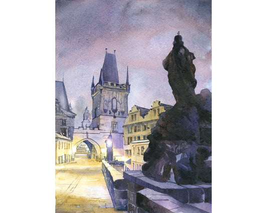 Puente de Carlos en Praga-República Checa. Praga Puente de Carlos acuarela arte bellas artes Praga decoración del hogar (impresión)