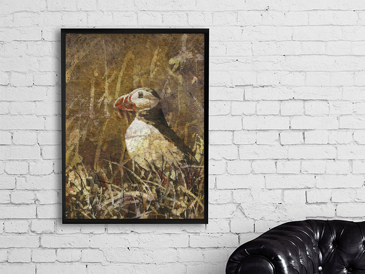 Watercolor batik painting Icelandic puffin home decor