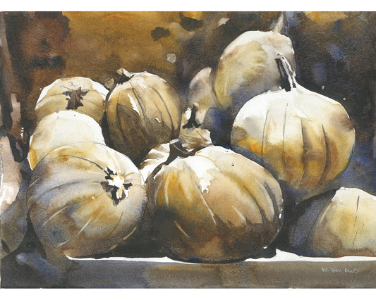 Colorful watercolor painting pumpkins Halloween kitchen artwork trendy wall art (print)