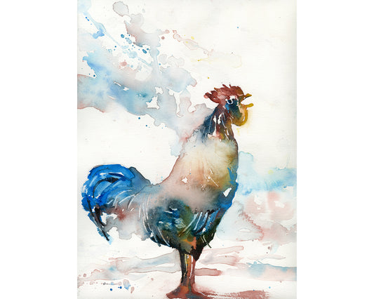 Colorful rooster watercolor painting kids room decor art for house barnyard animal chicken artwork (original)