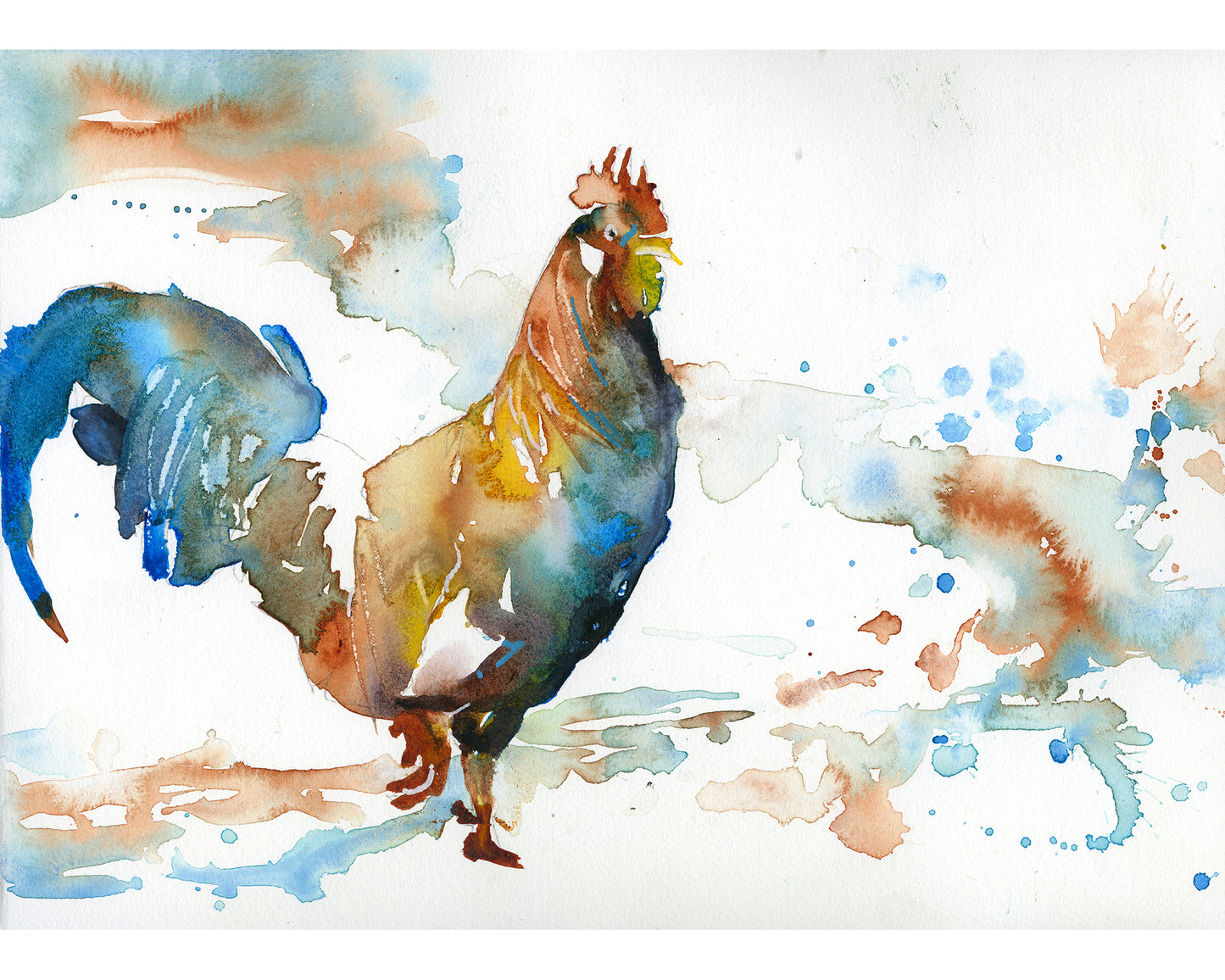 Colorful rooster watercolor painting kids room decor art for house barnyard animal chicken artwork (original)