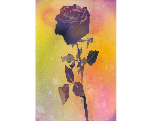 A striking rose fine art watercolor painting featuring a bold silhouette of a single rose in deep purples against a dreamy, colorful gradient background of yellows, oranges, and pinks — a fine art painting of rose colorful artwork rose floral artwork fine art print flower painting rose art (original).