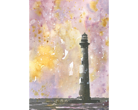 South Carolina coastal sunset watercolor showing the Morris Island Lighthouse surrounded by soft waves and radiant skies—great gift for him or her.