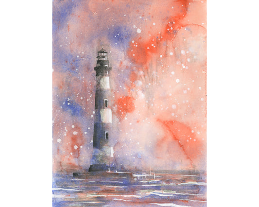 Colorful sunset watercolor painting of Morris Island Lighthouse in South Carolina, casting golden light over calm coastal waters—perfect beach house artwork and travel-inspired wall decor.