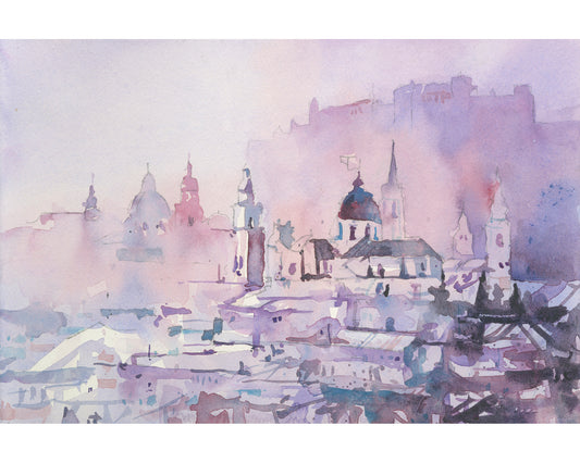 Watercolor landscape Salzburg Austria skyline, trendy wall art  Austrian architecture art for house (original)