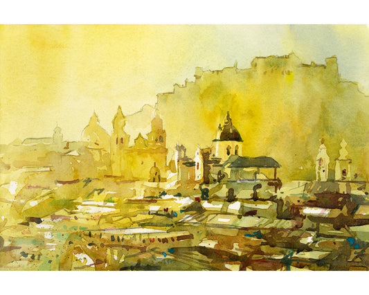 Watercolor painting Salzburg Austria skyline, trendy wall art  Austrian architecture art for house (print)