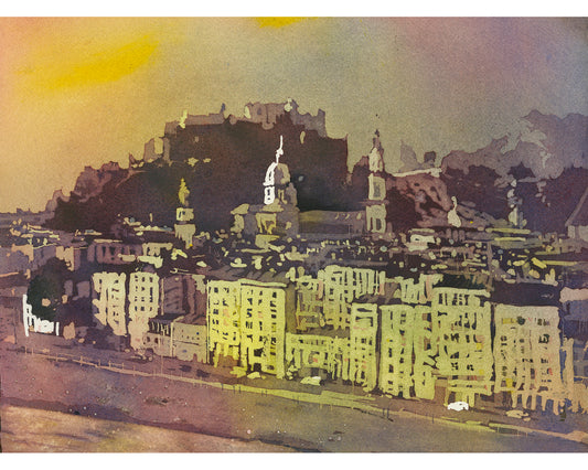 Watercolor painting Salzburg Austria skyline, trendy wall art  Austrian architecture art for house (print)