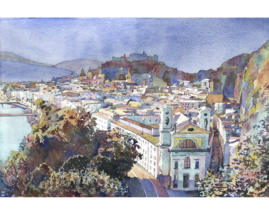 Salzburg Austria skyline watercolor landscape, trendy wall art  Austrian architecture art for house (print)