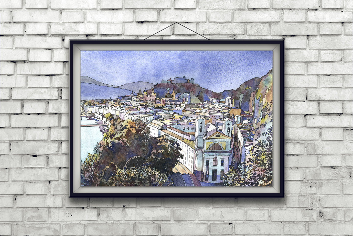 Salzburg Austria skyline watercolor landscape, trendy wall art handmade item Austrian architecture art for house (print)