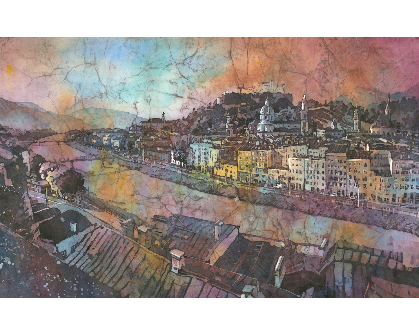 Sunset Salzburg Austria skyline watercolor painting art for house travel essentials interior design (original)