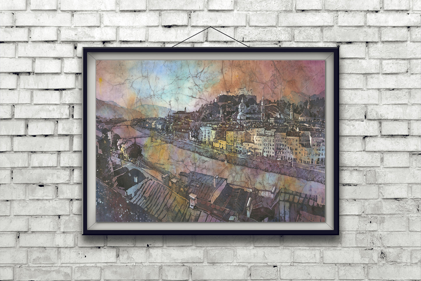 Sunset Salzburg Austria skyline watercolor painting art for house travel essentials interior design (original)