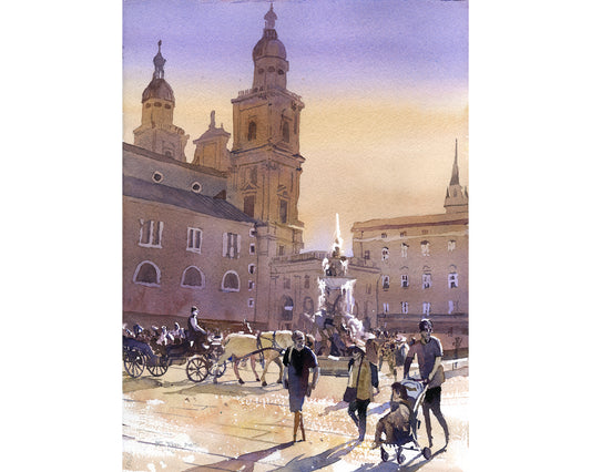 Salzburg skyline Austria colorful sunset landscape painting travel essentials art for house  (print)