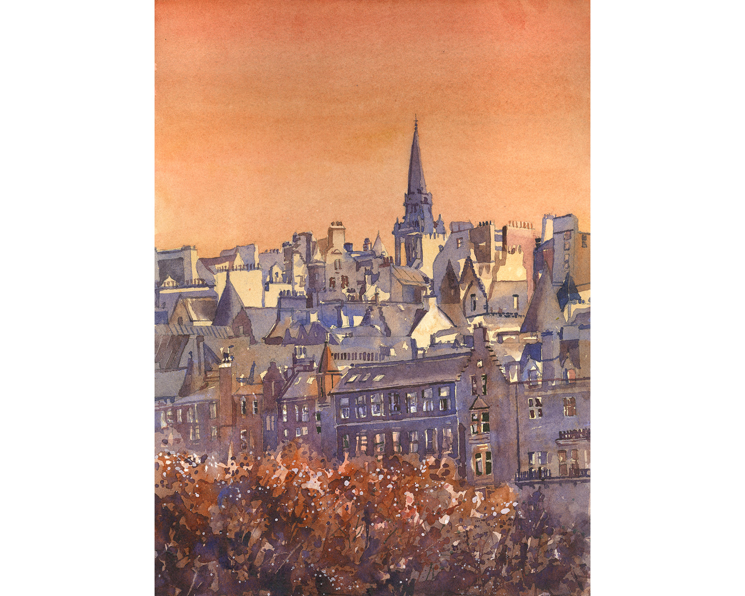Edinburgh skyline Scotland medieval architecture cityscape handmade item watercolor painting interior design (original)