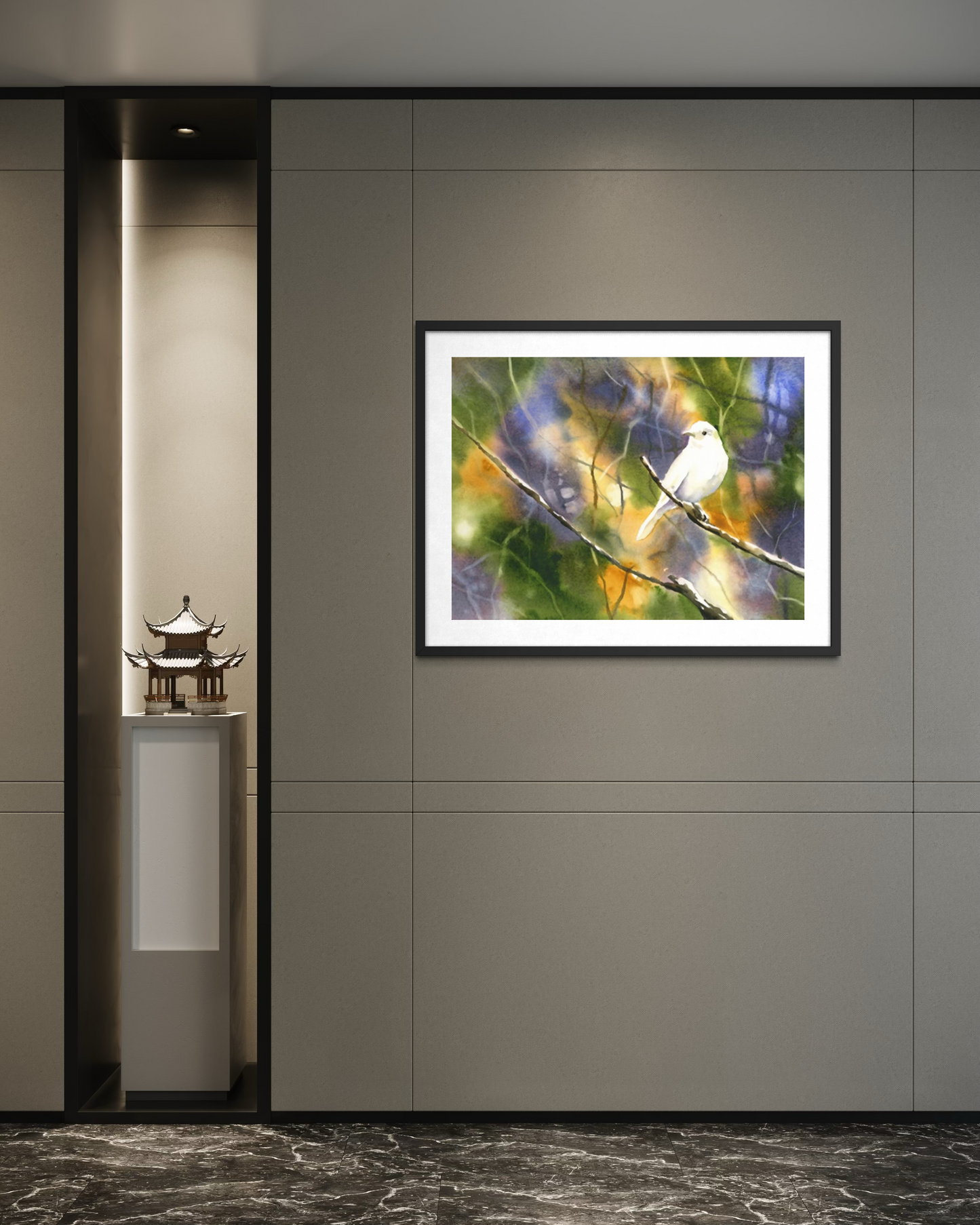 White bird colorful watercolor landscape art (original)