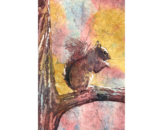 Squirrel sitting on branch.  Squirrel outdoors landscape artwork fine art watercolor squirrel wildlife animal painting brown watercolor art