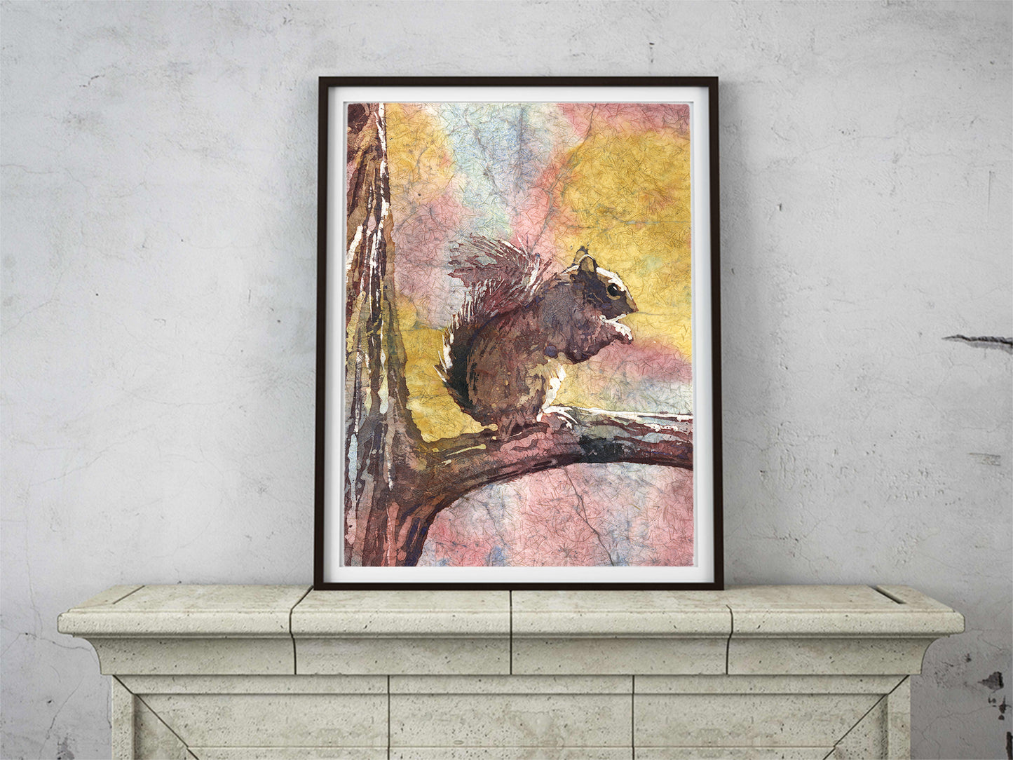 Squirrel sitting on branch.  Squirrel outdoors landscape artwork fine art watercolor squirrel wildlife animal painting brown watercolor art