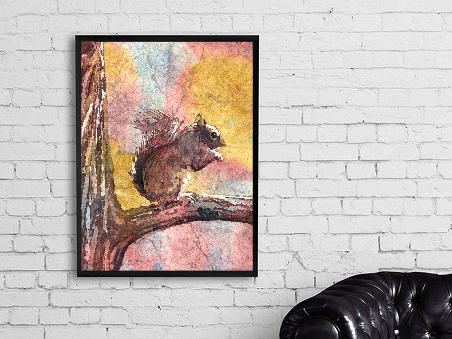 Squirrel sitting on branch.  Squirrel outdoors landscape artwork fine art watercolor squirrel wildlife animal painting brown watercolor art