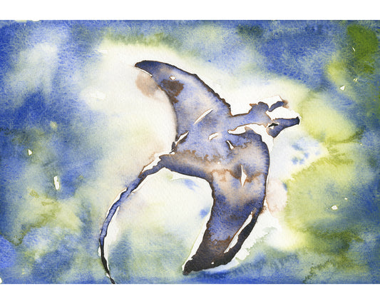Graceful manta ray swimming in deep blue ocean waters, hand-painted in vibrant watercolor—perfect ocean animal artwork for marine-inspired home or office decor