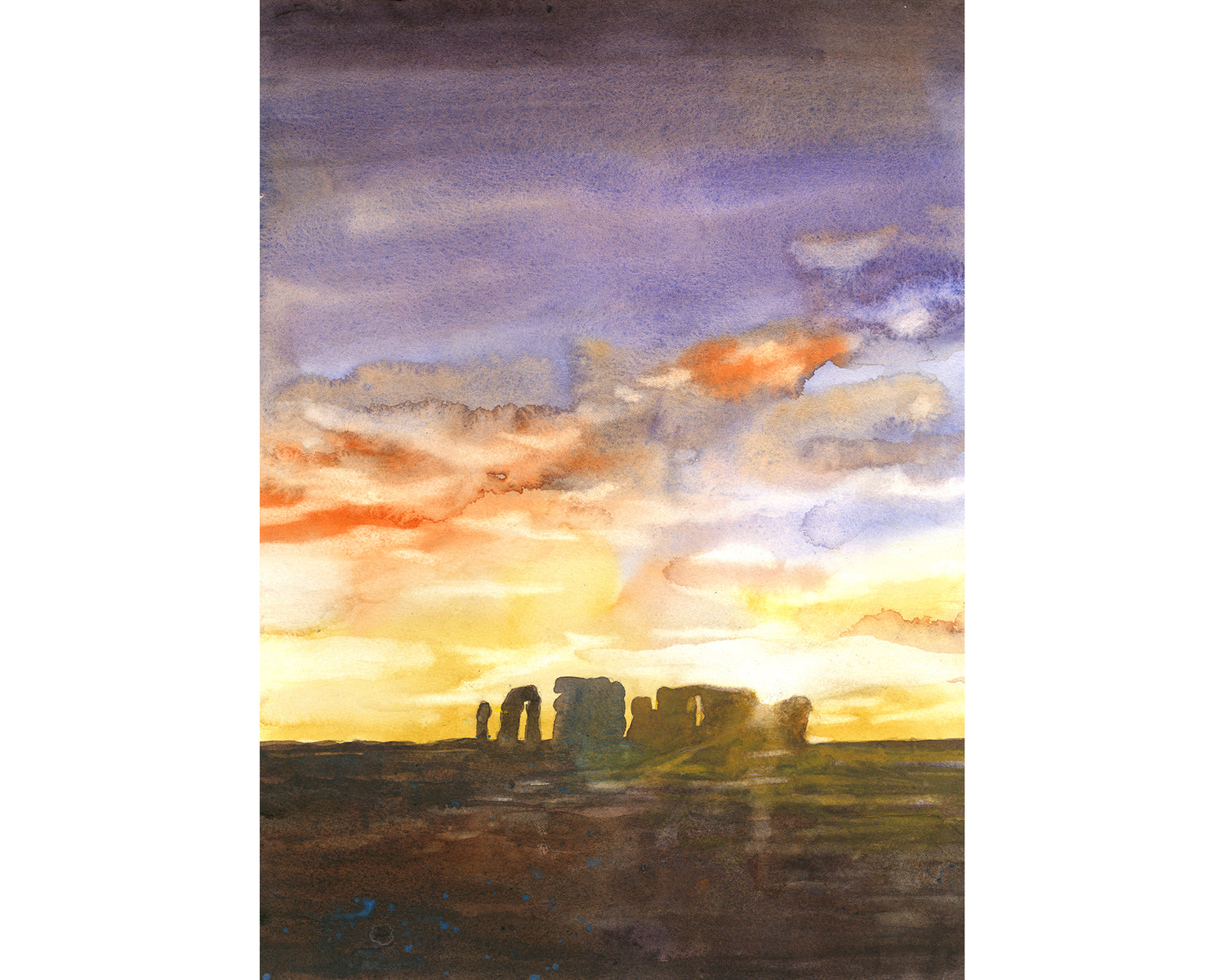 Stonehenge ruins watercolor painting at sunset with dramatic sky – fine art landscape for history and travel lovers
