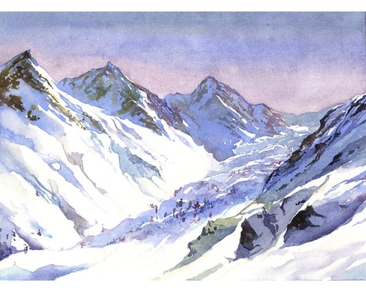 Watercolor painting of Swiss Alps snow covered mountains and alpine valley landscape