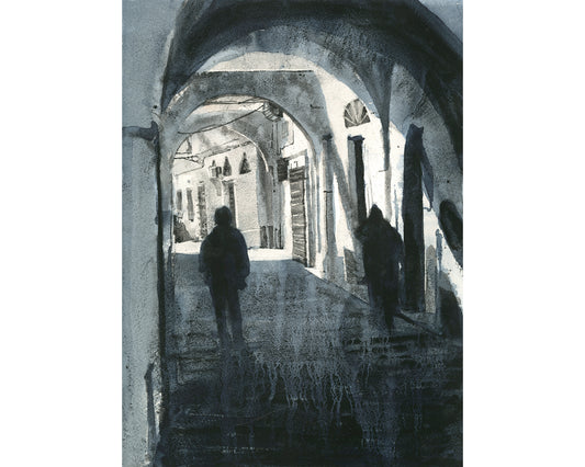 Black and white watercolor painting of Tunis Medina, Tunisia — atmospheric alleyway artwork for travel and North African décor lovers