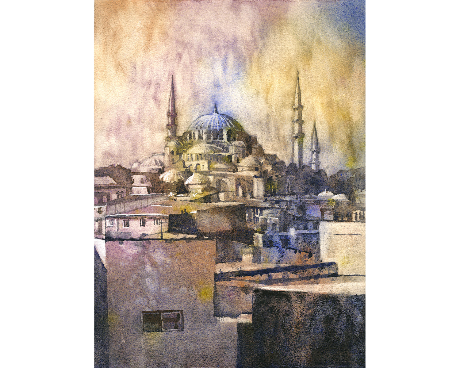 Hagia Sofia Turkey colorful watercolor landscape painting sunset home decor Turkish artwork Islamic Christian church architecture handmade item (original)