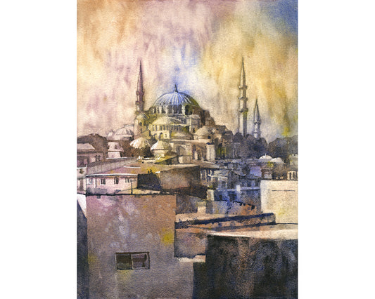 Hagia Sofia Turkey colorful watercolor landscape painting sunset home decor Turkish artwork Islamic Christian church architecture handmade item (original)