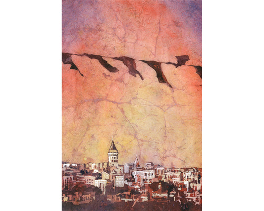 A warm and atmospheric Istanbul Skyline Watercolor Art Print Galata Tower Architecture, showing the iconic tower rising above the cityscape under a dreamy sunset sky painted in soft hues of rose, gold, and lavender.
