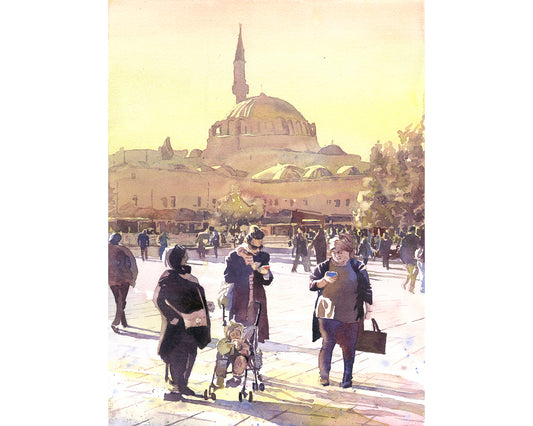 Colorful watercolor painting of the Istanbul Turkey skyline featuring a bustling street scene and mosque domes—perfect art for house and travel-themed home decor.