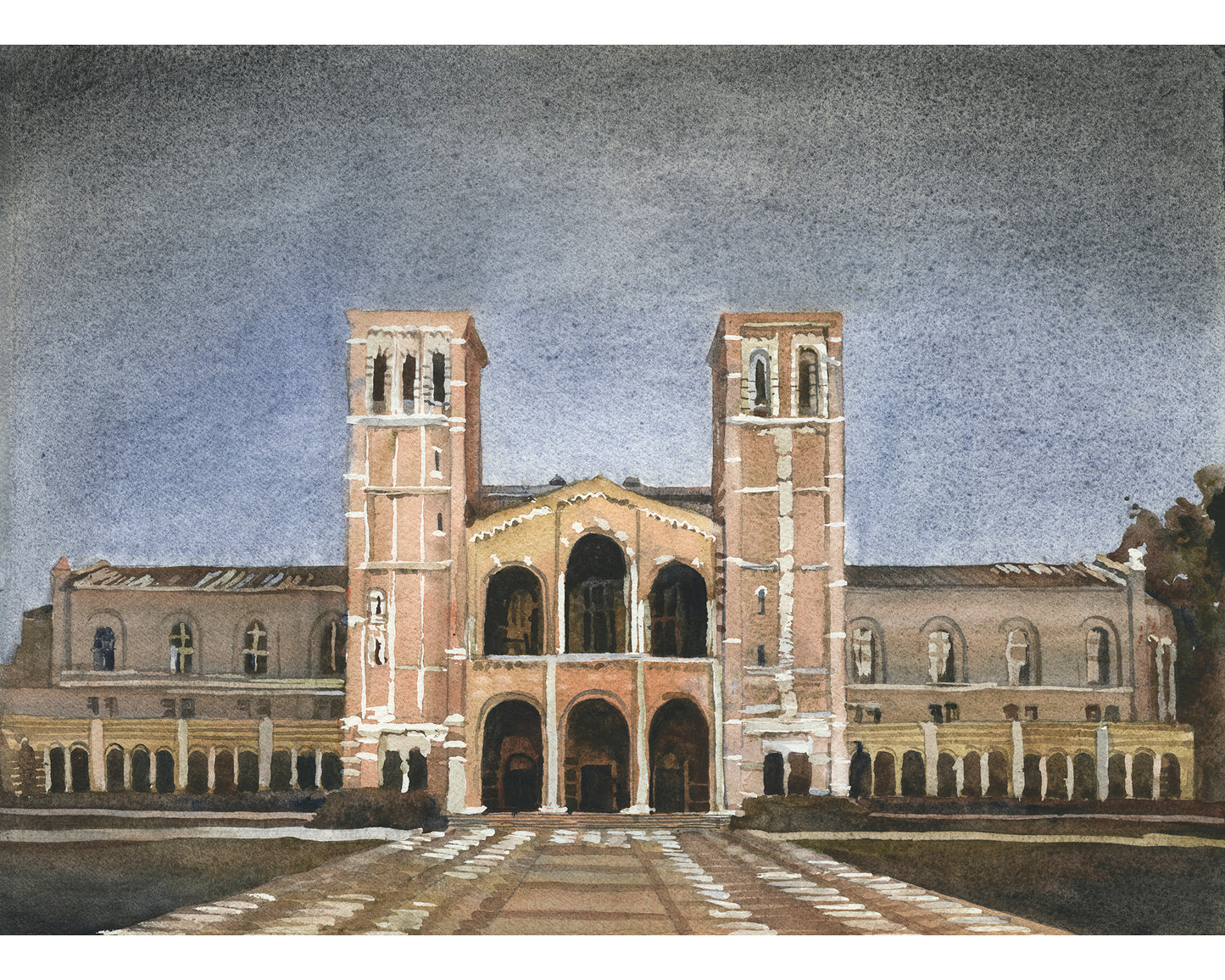 Royce Hall on the UCLA campus.  Watercolor painting Royce Hall UCLA artwork Bruins Los Angeles (print)