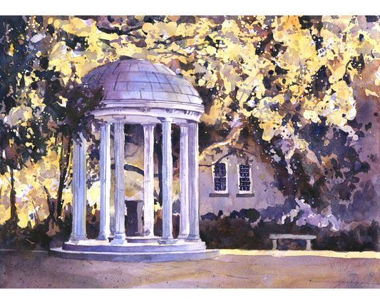 A watercolor painting of the UNC Old Well in Chapel Hill, NC, surrounded by spring trees—perfect as a graduation gift or landscape wall art print for UNC alumni.