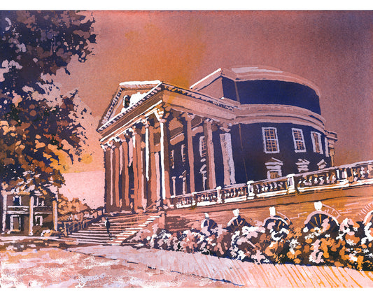 Original watercolor painting of the University of Virginia Rotunda, a top choice for graduation gifts, alumni keepsakes, or college-themed home wall art.