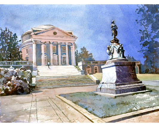 Vibrant watercolor artwork of UVA’s Rotunda building, showcasing the university’s classic charm, perfect as a graduation or alumni gift for proud Cavaliers.