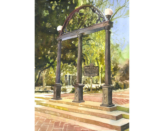 Watercolor painting of the historic Cast Iron Arch at the University of Georgia campus in Athens, a cherished symbol of tradition and academic pride.