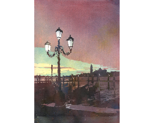 Colorful watercolor painting of Venice, Italy featuring a historic church in the heart of the medieval city.